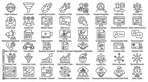 Sales and lead generation icons illustrate the process of acquiring customers through various channels like email, online ads, and contact with abstract and human elements.