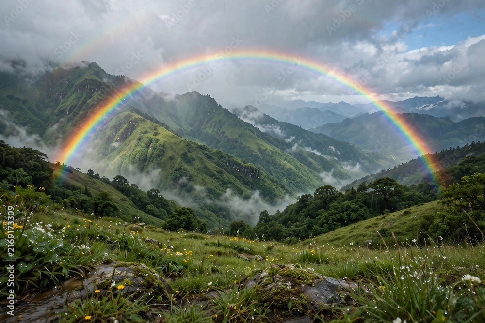 Fototapeta premium rainbow over the mountains Rainbow over green mountains after rain beautiful landscape with colorful rainbow
