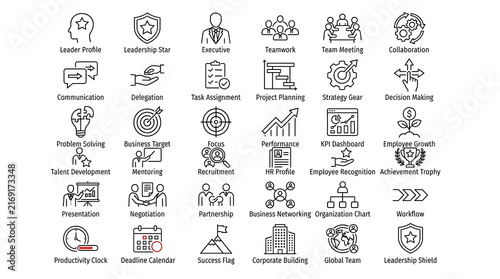 Business and leadership icons represent professional concepts such as team meetings, collaboration, and communication with human figures and abstract symbols.