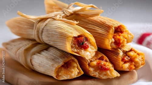 Stacked corn tamales with red sauce filling on a wooden board with white textile background
