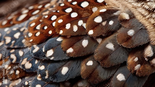 Macro photo of brown spotted quail feathers pattern texture for wildlife background design projects.