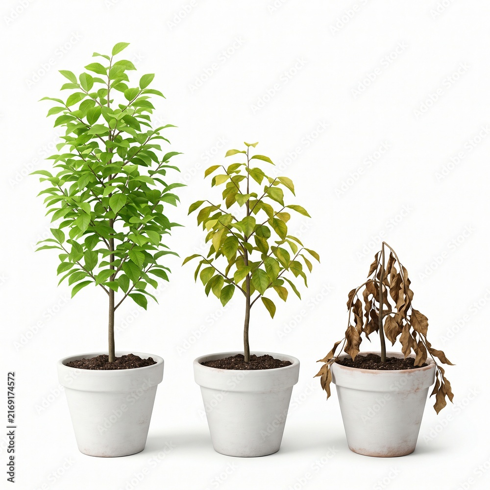 Fototapeta premium Three potted plants showing different stages of health: lush, wilting, and dead. 