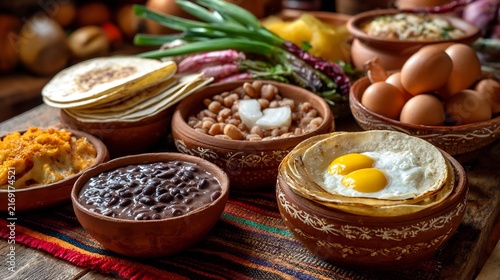Close-up of traditional breakfast with fried eggs on tortillas and black beans in clay bowls