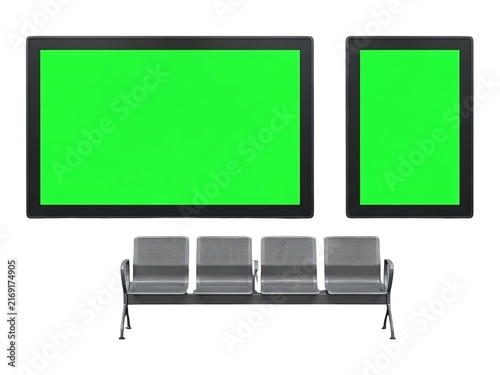 Waiting area bench with two digital screens displaying bright green chroma