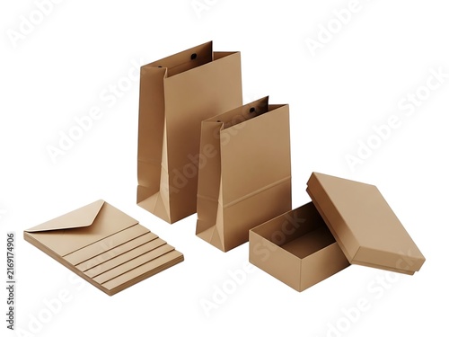 A collection of eco friendly brown paper packaging bags and boxes for retail