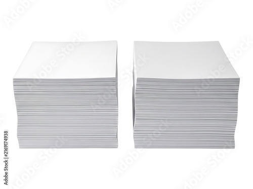 Two stacks of clean white paper sheets isolated on a plain white background