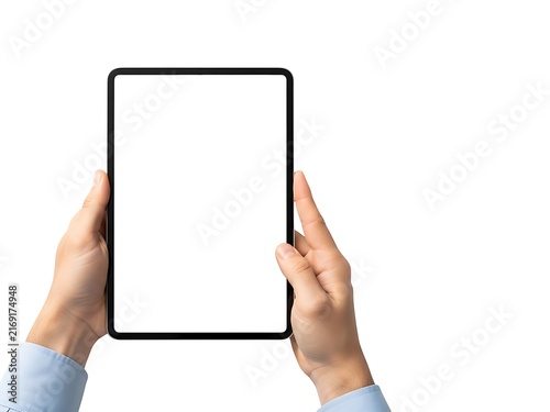 Person holding a modern digital tablet with a blank white screen upright