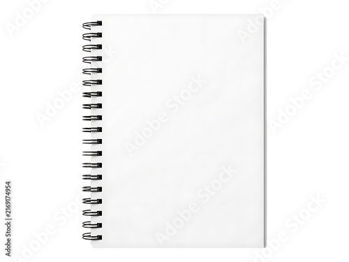 A blank spiral bound notebook with white pages isolated on white background