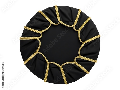 A circular black fitness rebounder mat with yellow elastic bungee cords