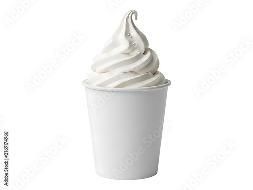 A smooth swirl of creamy vanilla soft serve ice cream in a white paper cup
