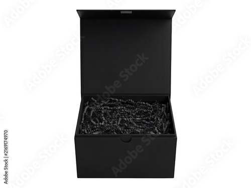 A minimalist black gift box with a magnetic lid filled with paper shredding