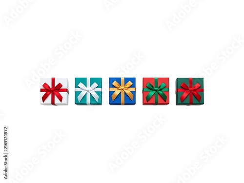 Five colorful gift boxes with satin ribbons arranged in a straight line