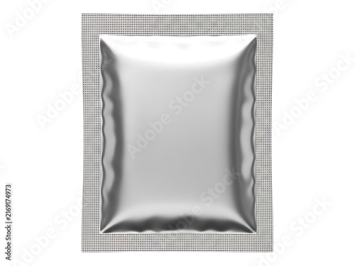 A small blank silver foil sachet packet isolated on a clean white background
