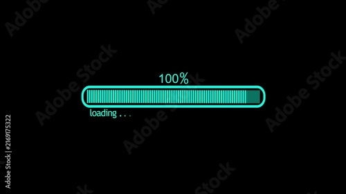 Loading bar at 100 percent and loading text showing progress and waiting in a digital interface animation