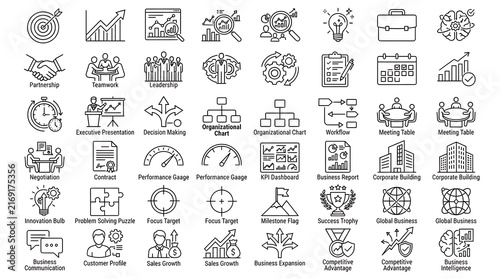 A diverse set of business icons illustrating concepts such as cloud computing, cybersecurity, data management, and digital transformation.