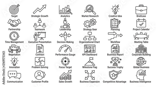 A diverse collection of business-themed icons represents concepts like target, growth, analytics, partnership, and communication.