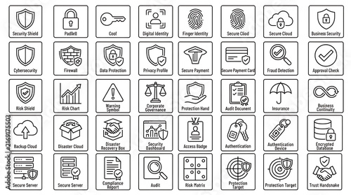 A comprehensive set of security and protection icons covers the entire frame on a transparent background.