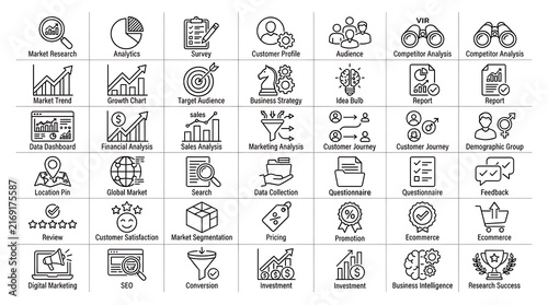 A collection of business and marketing strategy icons is displayed on a transparent background.