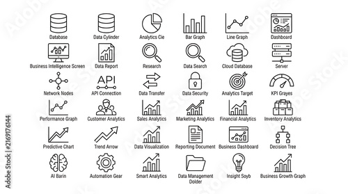 A comprehensive set of business icons covers diverse areas like API, data transfer, customer analytics, and financial reporting.