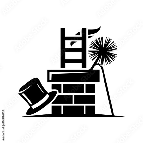 Chimney Sweep Logo Icon with Top Hat, Ladder, and Brush on Brick Roof Vector Illustration
