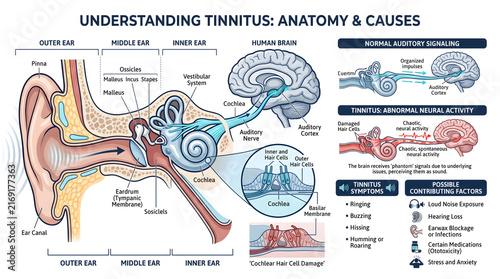 Medical diagram of ear anatomy and auditory nerve pathways showing physiological causes of chronic ringing and hearing loss mechanisms in the brain