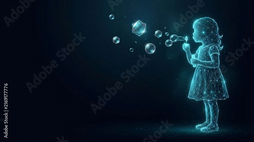 Glowing digital wireframe little girl blowing soap bubbles in a dark futuristic cyberspace environment with wireframe child glowing polygon cyber childhood hologram