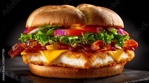 Gourmet Crispy Chicken Burger with Bacon and Melted Cheese