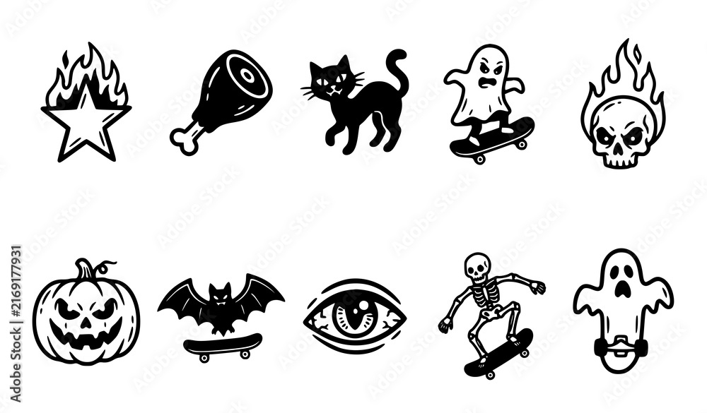 Obraz premium Halloween skater doodle icon set with flaming skull, pumpkin, bat, ghost and skeleton skateboard sketch style symbols