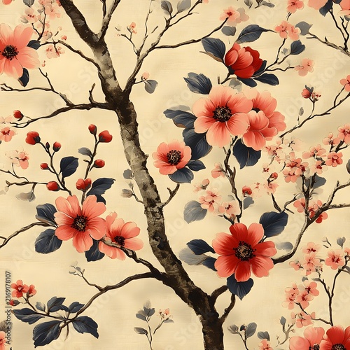 Traditional Asian floral seamless pattern illustration with cherry blossom branches for textile background design.