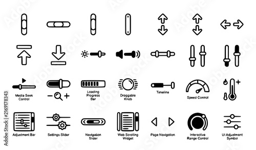 Canvas Print UI slider scrollbar icon set with drag handle, volume, brightness, speed control