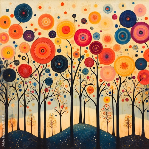 Abstract illustration of colorful circular trees in a forest scene for decorative wall art print design.