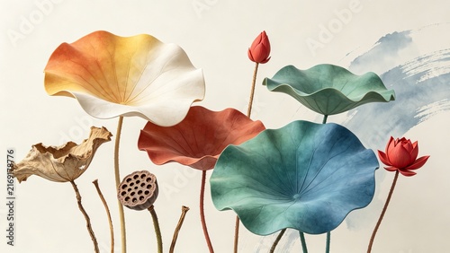 Elegant Abstract Lotus Flowers and Seed Pods in Warm Earth Tones on Minimal Beige Background