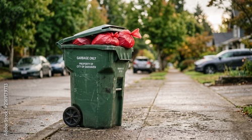 Overflowing Garbage Bin on Sidewalk: A residential street scene features a green garbage bin overflowing with red trash bags, sitting on a sidewalk lined with parked cars and mature trees.