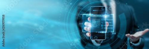 Foto Full stack developer hand hold phone with Software Development interface