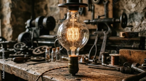 Antique Edison Lightbulb: A beautifully crafted antique Edison lightbulb with a visible filament rests on a weathered workbench, surrounded by vintage tools and machinery.