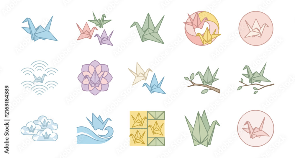 Obraz premium Origami crane symbols and decorative elements collection