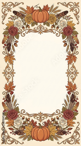 Victorian Thanksgiving Greeting Card Design with Autumn Pumpkins and Vintage Floral Frame