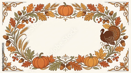 Victorian Thanksgiving floral frame with autumn leaves and cute turkey illustration