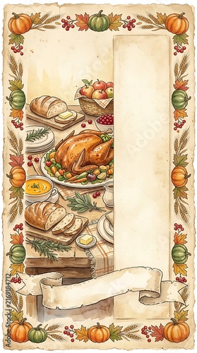 Watercolor Thanksgiving Feast Border with Roast Turkey and Autumn Harvest Food