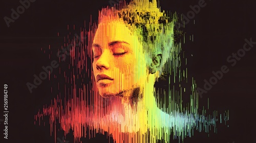 Digital glitch portrait of a woman face with heatmap spectrum lines, ideal for cybersecurity and AI visuals.