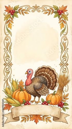 Vintage Thanksgiving Watercolor Border with Turkey Pumpkins and Corn Illustration
