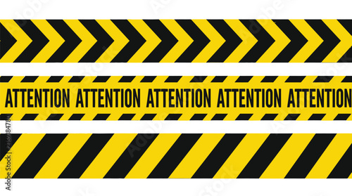 Yellow and black hazard warning tape vector illustration showing chevron patterns and attention text for industrial site safety signage designs