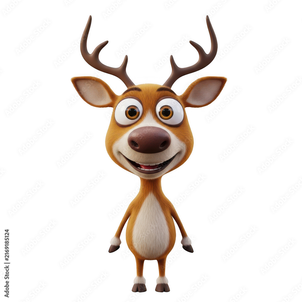 Naklejka premium Cute 3D cartoon deer character with large antlers, friendly animated reindeer mascot on white background, brown forest animal illustration