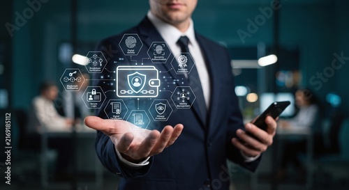 IT professional holding a holographic blockchain identity wallet and verifiable credentials dashboard.