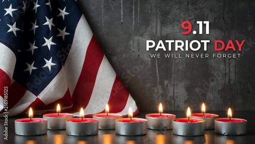 Patriot day graphic featuring american flag background with multiple burning votive candles for solemn national remembrance and commemorative social media content design.