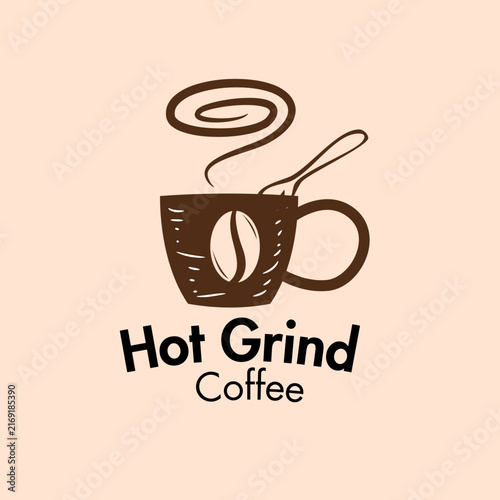 Hot Grind Coffee Logo Vector Vintage Hand Drawn Coffee Cup Steam Bean Emblem Design