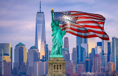 Liberty statue with American flag. Liberty statue in New York. Iconic liberty statue background. Patriotic liberty statue banner.