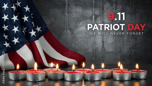 Patriot day memorial banner featuring american flag and burning tea light candles on dark textured background for respectful remembrance of september eleventh events.