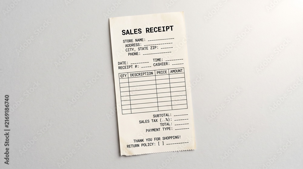Fototapeta premium Blank sales receipt template for business accounting and bookkeeping.