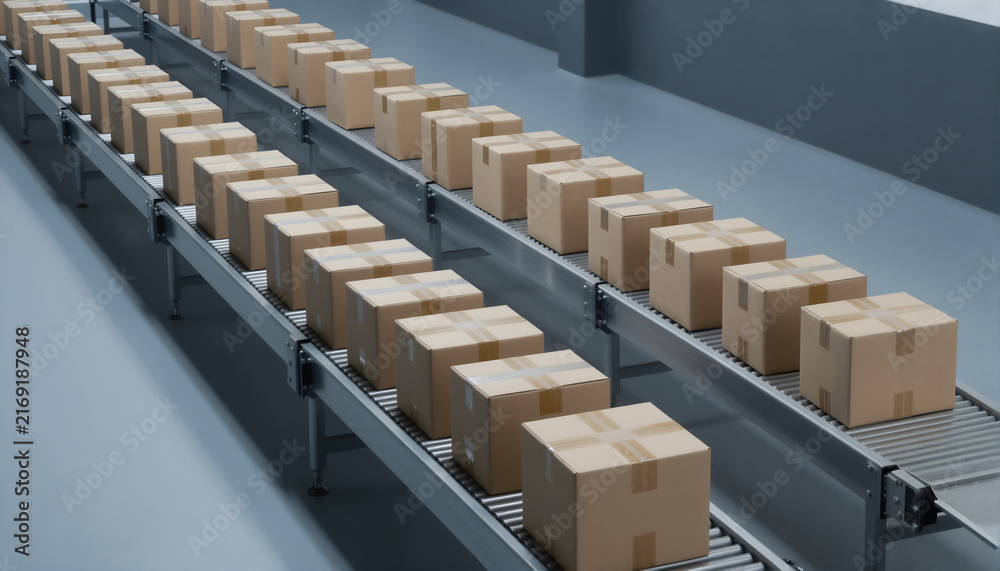 Fototapeta premium Rows of brown cardboard boxes on industrial conveyor belts